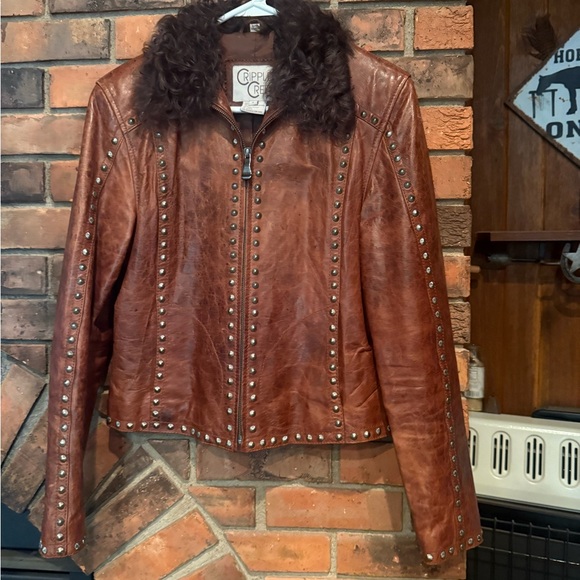 Cripple Creek Jackets & Blazers - Women’s Brown Studded Leather Jacket with Fur Collar